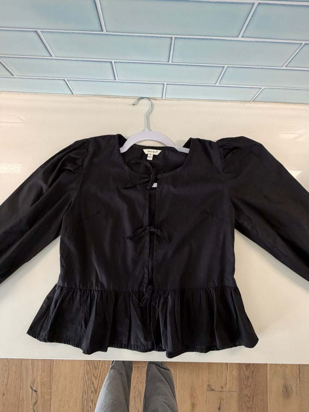 Black Cotton Peplum Tie-Front Blouse, summer layering -Size S